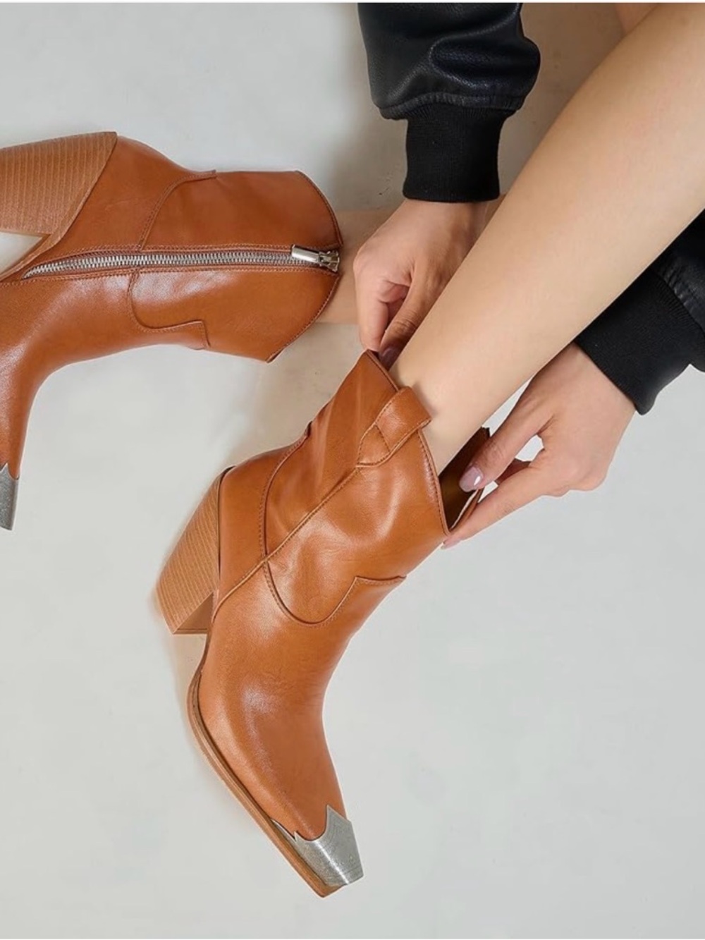 Women's Tan Leather Western Booties with Silver Toe
